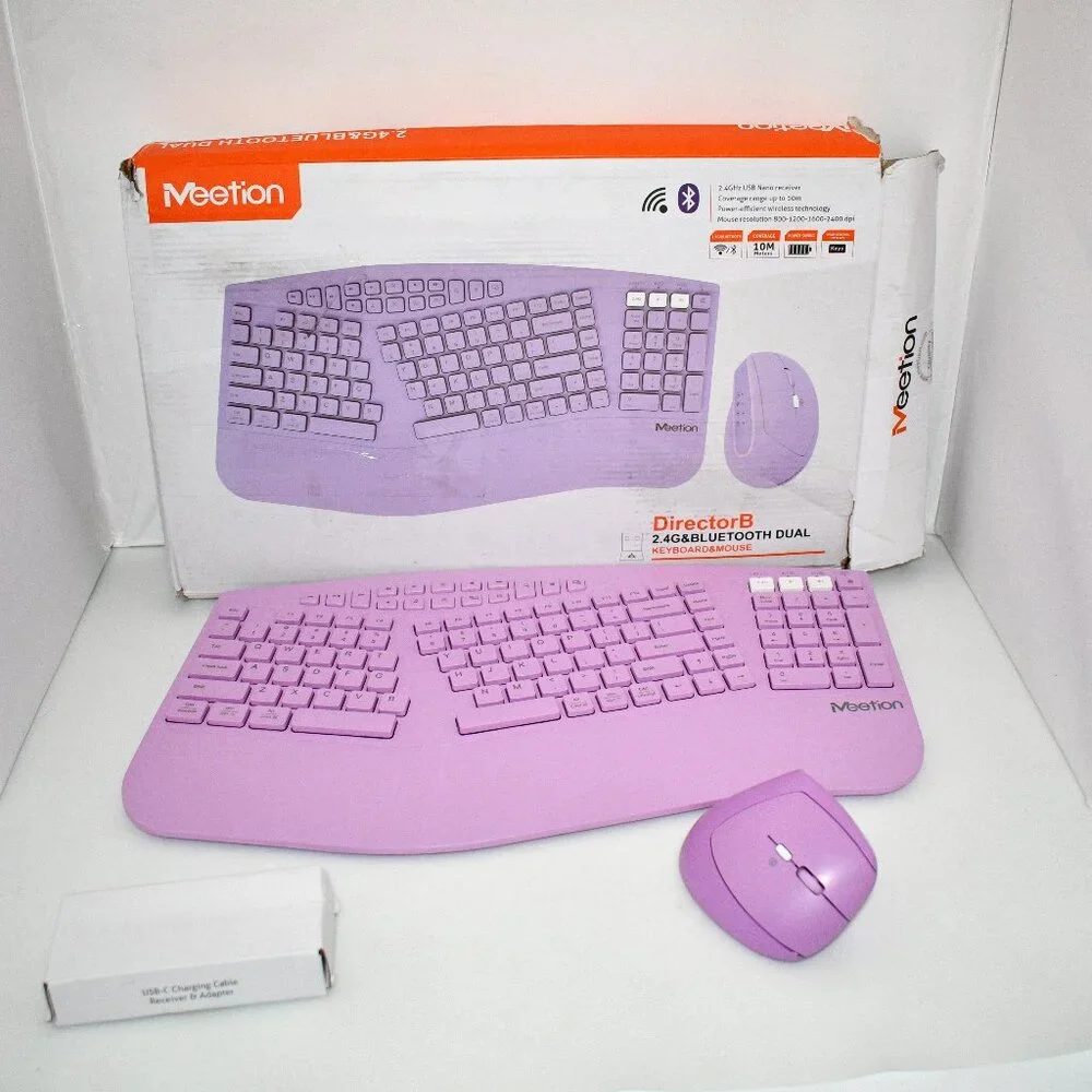MEETION Wave Ergonomic Wireless Keyboard & Mouse USB/Bluetooth, Wrist Rest Purpl